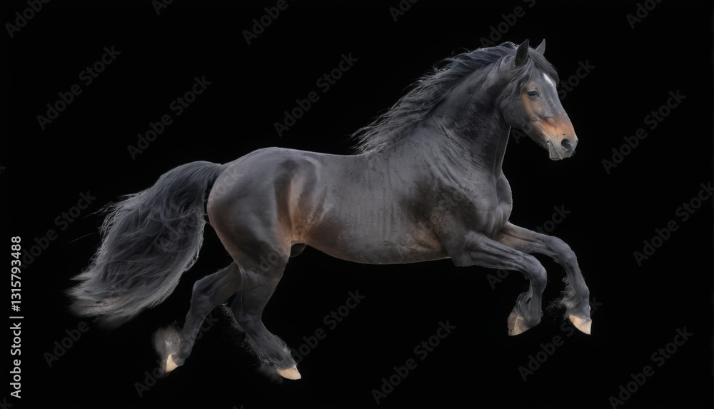 Fototapeta premium Powerful Black Horse Galloping in MidStride on a Dark Background with Flowing Mane and Tail