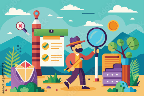 A character joyfully participates in a scavenger hunt among trees, mountains, and colorful treasures, Scavenger hunt Customizable Flat Illustration
