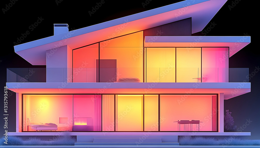Modern house illuminated at night, showcasing interior rooms with warm-toned lighting through large windows Modern house illuminated at night, showcasing interior rooms with warm-toned lighting through large windows