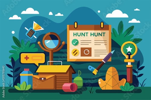 A colorful illustration of scavenger hunt supplies, with tools and a checklist set in a vibrant outdoor setting, Scavenger hunt Customizable Semi Flat Illustration