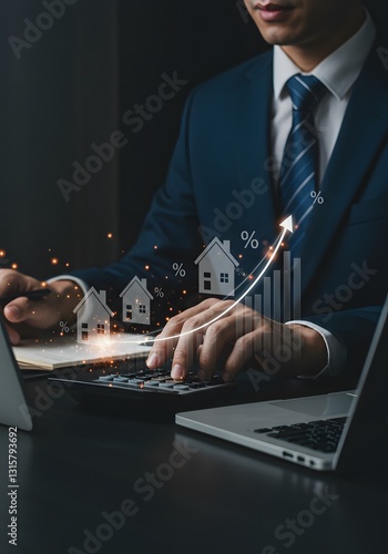 Real Estate Investment and Market Growth Concept. Analyzes real estate market growth trends.  interest rate, property mortgage, loan home, Graph show rising house price, and investment opportunities.