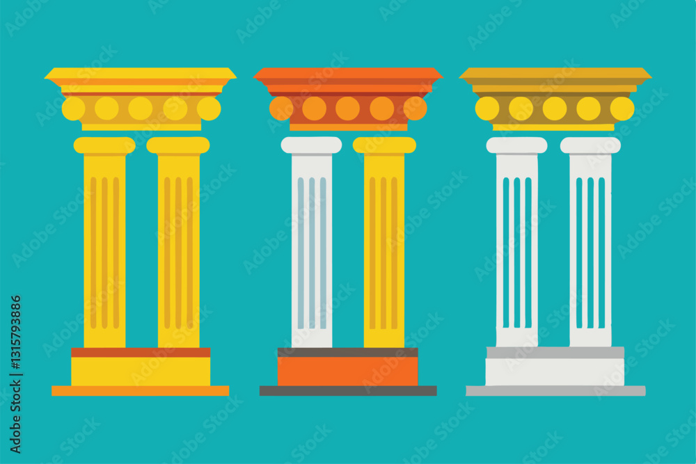 Three distinct columns showcasing different classical designs stand out against a bright turquoise backdrop, Schedule column icon set Three distinct columns showcasing different classical designs stand out against a bright turquoise backdrop, Schedule column icon set