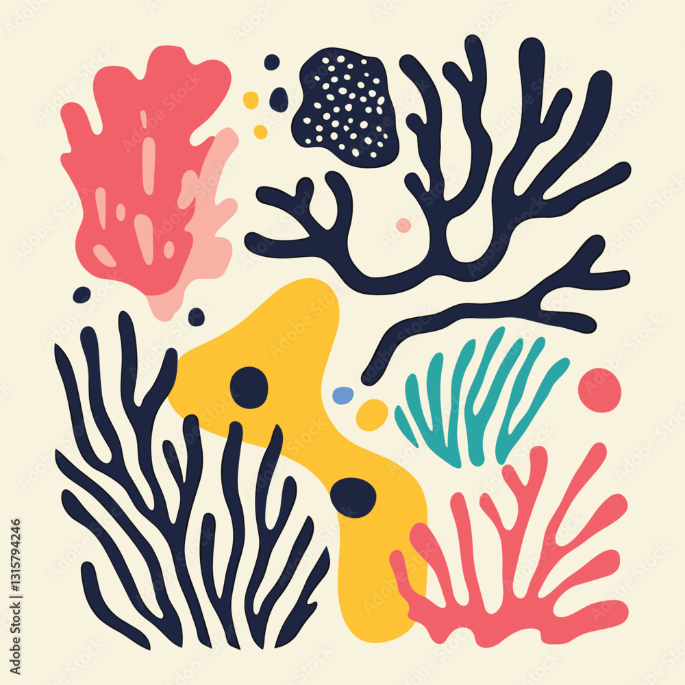 Naklejka premium Hand-Drawn Coral Reef and Seaweed Pattern – Marine Theme