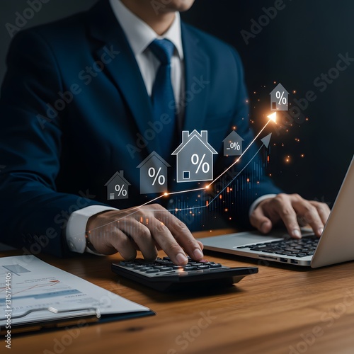 Real Estate Investment and Market Growth Concept. Analyzes real estate market growth trends.  interest rate, property mortgage, loan home, Graph show rising house price, and investment opportunities.