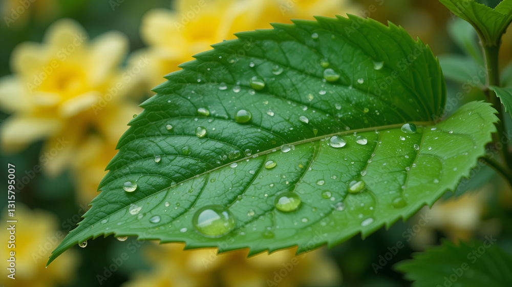 Vibrant green leaf featuring pinnate venation adorned with rain droplets with softly blurred yellow petals of blooming flowers in the background Vibrant green leaf featuring pinnate venation adorned with rain droplets with softly blurred yellow petals of blooming flowers in the background