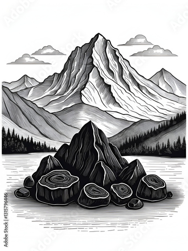 Shilajit vector illustration hand drawn. Mountain resin, mumijo drawn against  background of mountains. Oriental medicine, traditional,  alternative medicine, drug, black tarry. For print, card, desig