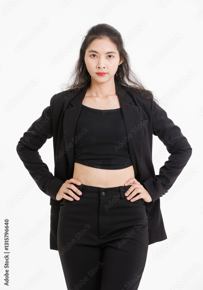 Portrait of asian beautiful woman curly long hair, wearing black suit, black long pants, model girl positive attractive confident charming, standing pose look at camera on white background in studio. Portrait of asian beautiful woman curly long hair, wearing black suit, black long pants, model girl positive attractive confident charming, standing pose look at camera on white background in studio.