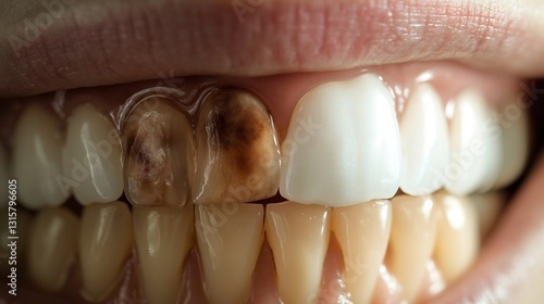 Close up of a smokers stained teeth compared to a non smokers white teeth detailed texture high contrast lighting dental health awareness concept photo