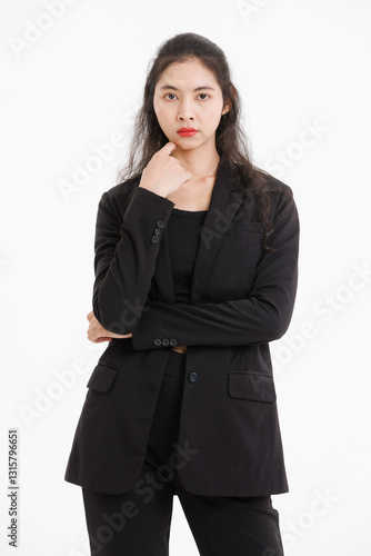 Portrait of asian beautiful woman curly long hair, wearing black suit, black long pants, model girl positive attractive confident charming, standing pose look at camera on white background in studio. photo