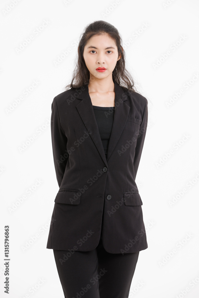 Portrait of asian beautiful woman curly long hair, wearing black suit, black long pants, model girl positive attractive confident charming, standing pose look at camera on white background in studio. Portrait of asian beautiful woman curly long hair, wearing black suit, black long pants, model girl positive attractive confident charming, standing pose look at camera on white background in studio.