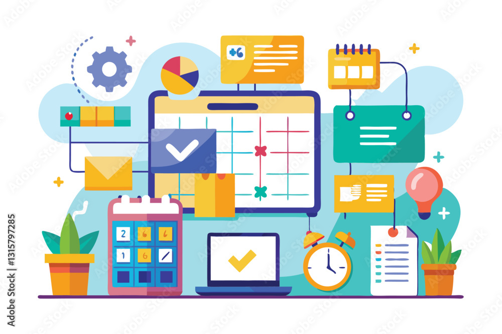 A creative workspace shows various tools and a calendar for effective planning and organization, Scheduling and planning, organizing efficient work process, A creative workspace shows various tools and a calendar for effective planning and organization, Scheduling and planning, organizing efficient work process,