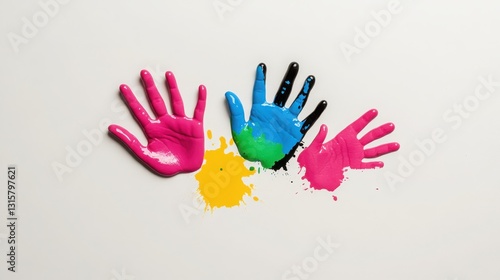 A vibrant display of handprints covered in colorful paint, with bright hues of pink, blue, green, and black. 