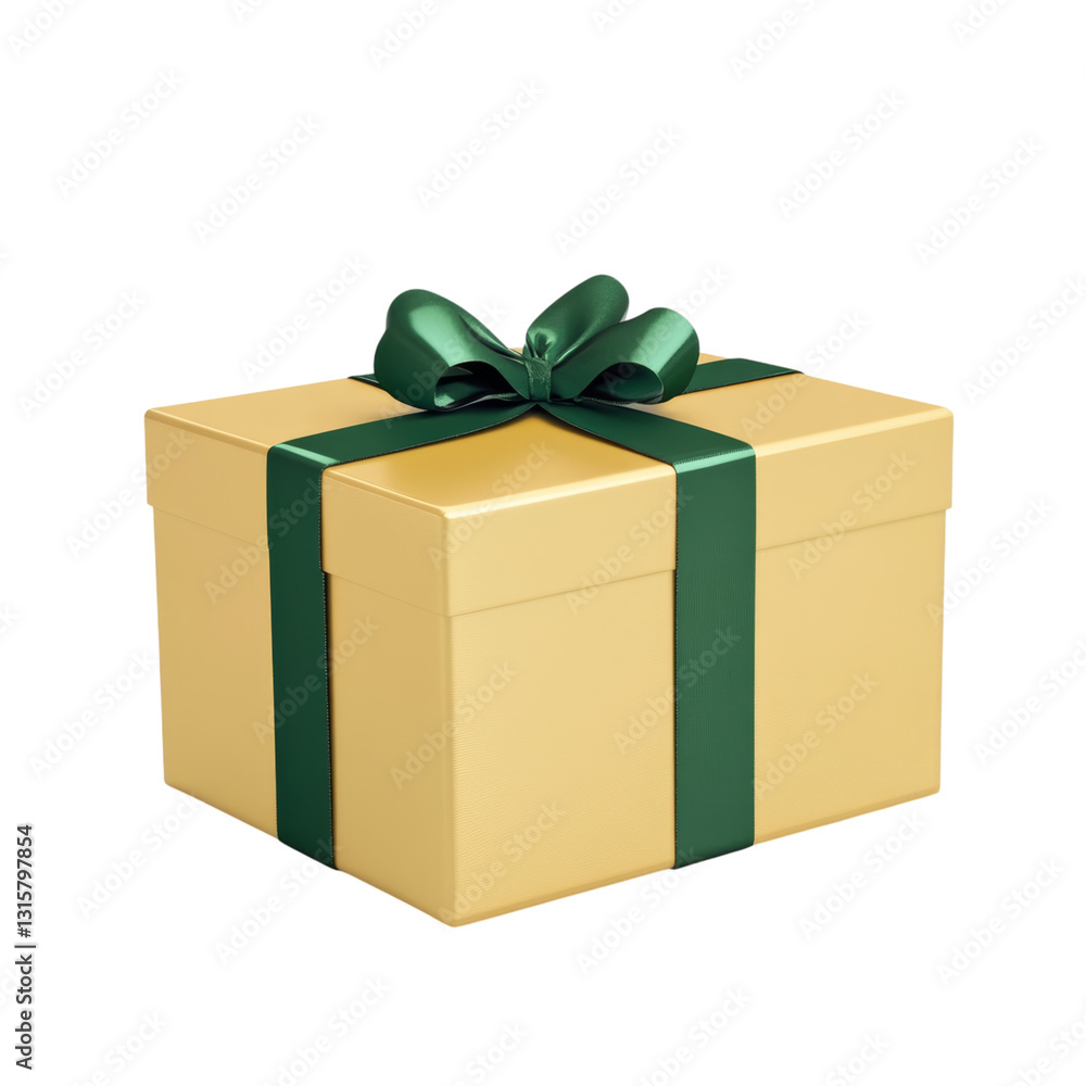 Naklejka premium Golden Gift Box with Green Ribbon and Bow Isolated on transparent background