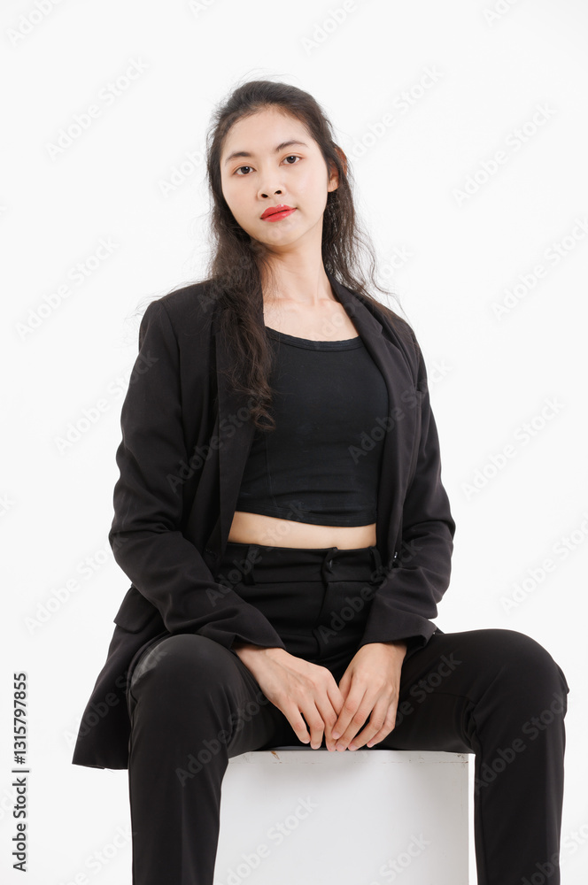 Portrait of asian beautiful woman curly long hair, wearing black suit, black long pants, model girl attractive confident, sitting posing on white box looking at camera on white background in studio. Portrait of asian beautiful woman curly long hair, wearing black suit, black long pants, model girl attractive confident, sitting posing on white box looking at camera on white background in studio.