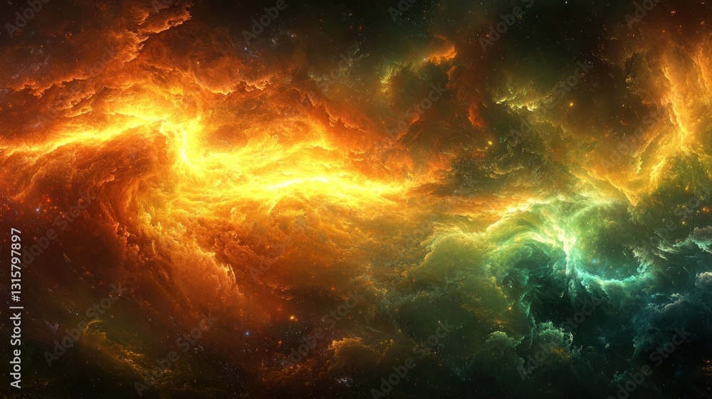 Cosmic Nebula: Fiery and Emerald Dance Cosmic Nebula: Fiery and Emerald Dance