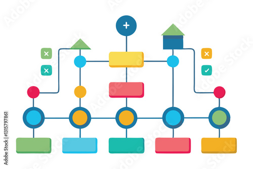 A colorful flowchart illustrates a sequence of actions, guiding decisions in a structured manner, Scheme and structure, sequence of actions,