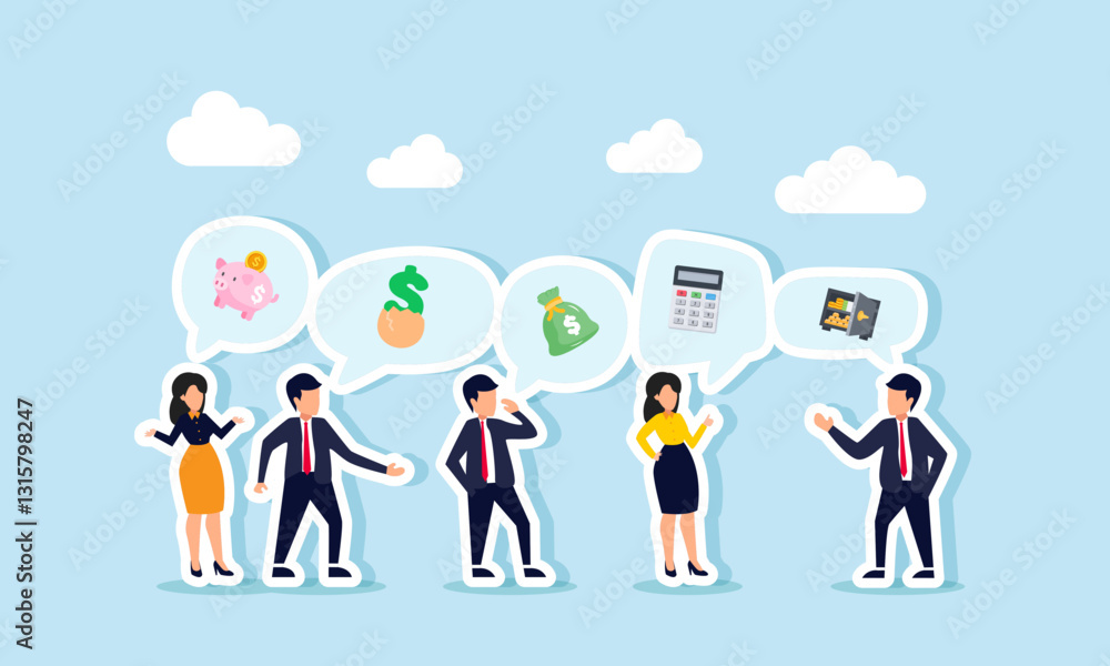 Businesspeople discuss a topic, leading to the appearance of an icon about business financial management, illustration of learning about profit, dividends, and company valuation Businesspeople discuss a topic, leading to the appearance of an icon about business financial management, illustration of learning about profit, dividends, and company valuation