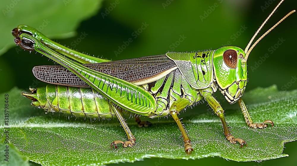 Close-up of a vibrant green grasshopper on a leaf. Detailed view of its body, legs, and antennae. Healthy insect Close-up of a vibrant green grasshopper on a leaf. Detailed view of its body, legs, and antennae. Healthy insect
