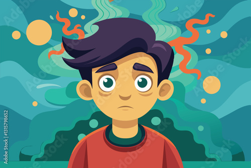 A cartoon character looks thoughtfully ahead, surrounded by abstract, colorful swirls and shapes, Schizophrenia Customizable Cartoon Illustration