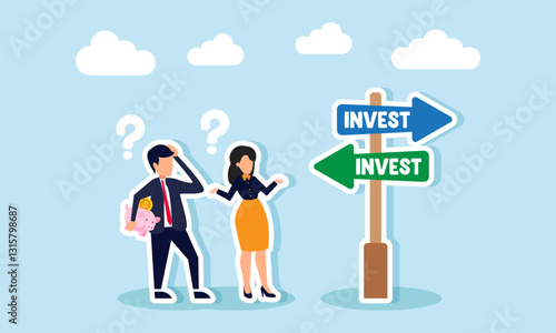 A businessman carries a piggy bank while a businesswoman looks confused at a signpost that says INVEST, illustration of confusion in choosing the right investment model