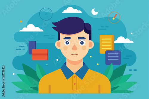 A man contemplates personalized approaches for managing schizophrenia while surrounded by an inspiring backdrop, Schizophrenia Customizable Flat Illustration