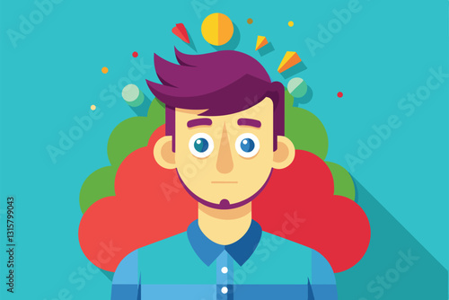 A flat illustration shows a young man expressing themes of schizophrenia with colorful, abstract shapes, Schizophrenia Customizable Flat Illustration