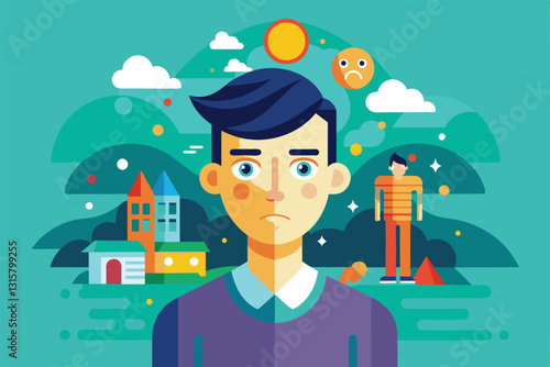 A young person with a thoughtful look stands before a vibrant backdrop symbolizing schizophrenia, Schizophrenia Customizable Semi Flat Illustration