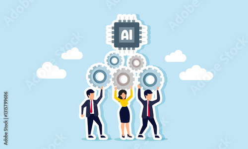 Businesspeople collaborate to assemble a gear system supporting an AI processor chip, illustration of synergy between AI systems and business players