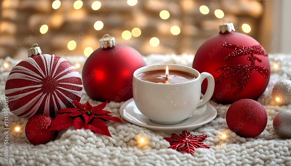 Festive Christmas Scene with Red Ornaments and Warm Cocoa Festive Christmas Scene with Red Ornaments and Warm Cocoa