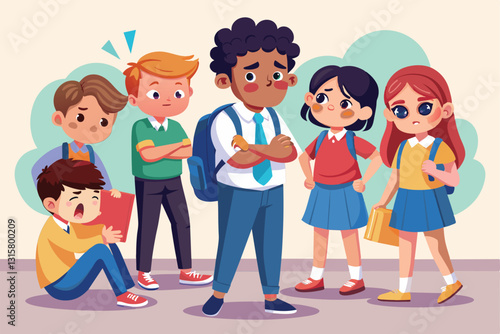 A group of children shows a clear dynamic of bullying, highlighting emotional distress and exclusion, School bullying Customizable Disproportionate Illustration