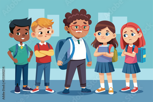 A group of students interact, showcasing emotions related to bullying in a school environment, School bullying Customizable Disproportionate Illustration