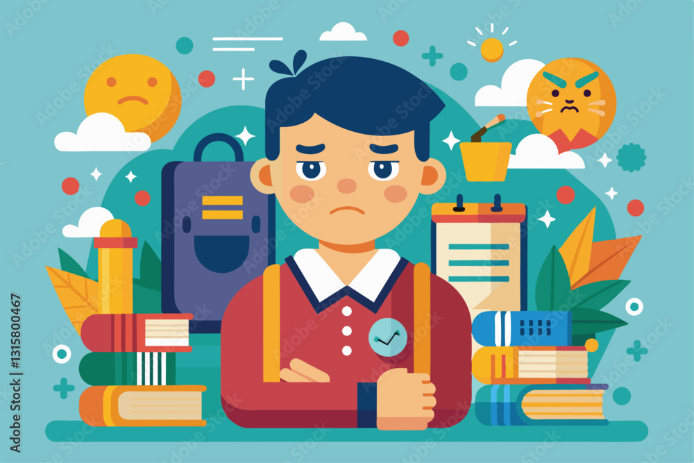 A student looking upset and worried about bullying at school, surrounded by books, School bullying Customizable Flat Illustration A student looking upset and worried about bullying at school, surrounded by books, School bullying Customizable Flat Illustration