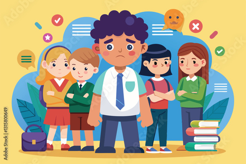 A group of students stands around a boy expressing sadness due to bullying in school, School bullying Customizable Semi Flat Illustration