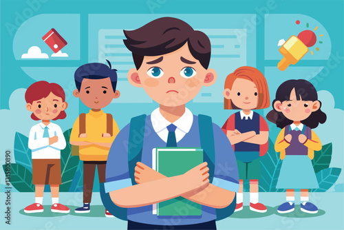 A distressed student clutches books while peers show disapproval in a school setting, highlighting bullying, School bullying Customizable Semi Flat Illustration