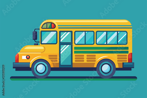 Bright yellow school bus illustration showcasing customizable features against a colorful backdrop, School bus Customizable Flat Illustration