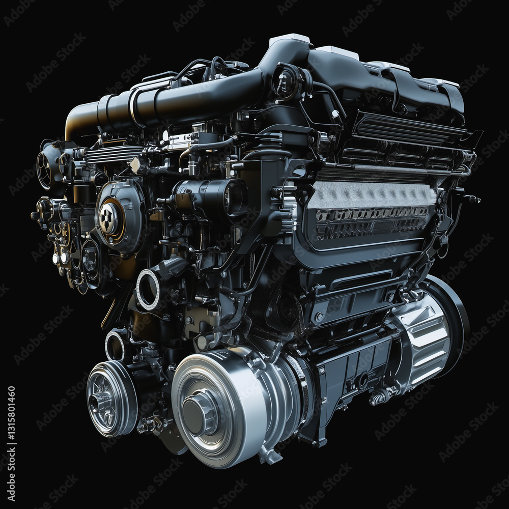 Fototapeta premium Powerful black automotive engine with intricate mechanical details 