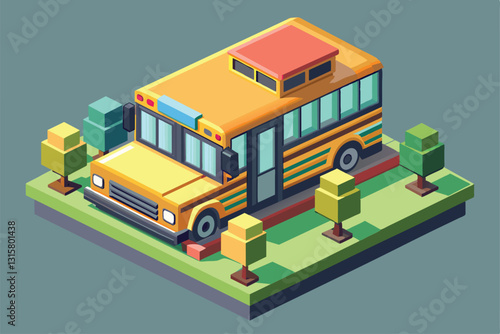 A customizable isometric school bus is showcased on a green landscaped area with trees, creating a lively scene, School bus Customizable Isometric Illustration