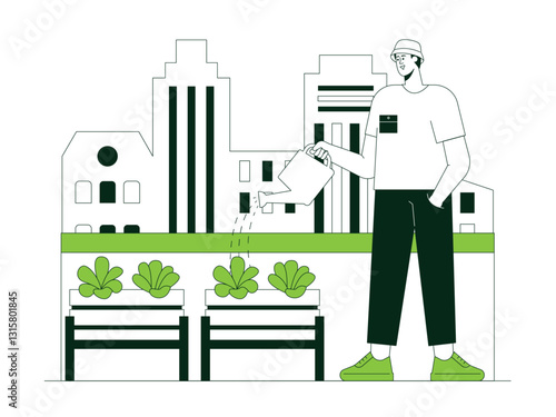 Man watering plants illustration. Urban Farming illustration. Flat vector illustration concept.