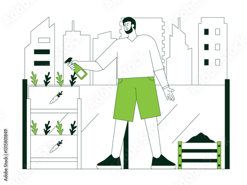 Man spraying plants illustration. Urban Farming illustration. Flat vector illustration concept.