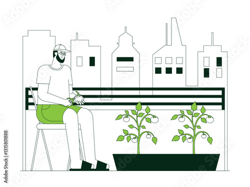 Young man gardening on his apartment. Urban Farming illustration. Flat vector illustration concept.