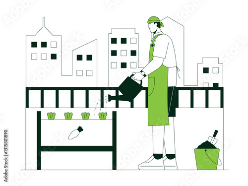 Man watering plants on his apartment illustration.Urban Farming illustration. Flat vector illustration concept.