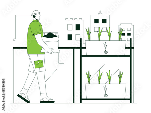 Young man gardening on the roof of a building. Urban Farming illustration. Flat vector illustration concept.