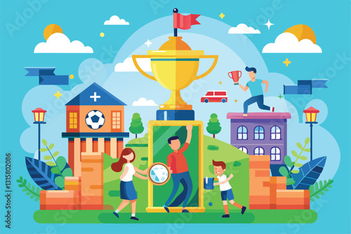 Children engage in various sports activities while celebrating a school tournament with a trophy, School tournament flat illustration