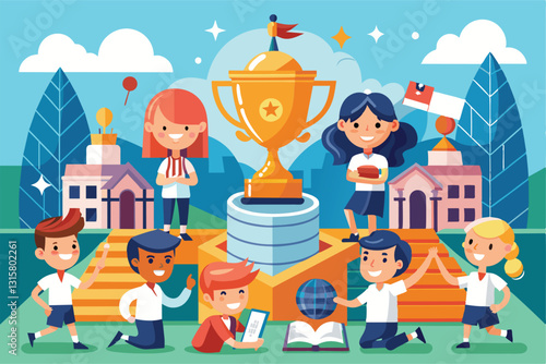 A group of students proudly gathers around a large trophy, celebrating their success in a school tournament, School tournament flat illustration