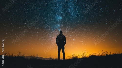 Silhouette of a Man Under a Starry Night Sky