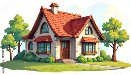 Wallpaper Mural Charming countryside house with red roof and lush greenery in a peaceful natural setting.  Torontodigital.ca