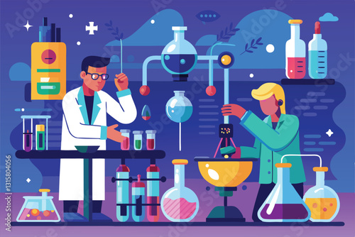 Two scientists perform experiments using various apparatus and chemical solutions in a laboratory setting, Scientific experiment in laboratory and study of interaction of reagents