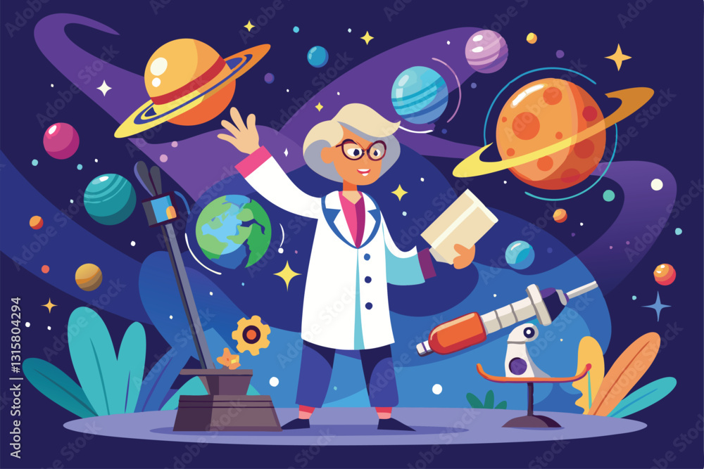Naklejka premium A scientist with a joyful expression studies astronomy among colorful planets and a telescope, engaging in research, Scientific research, character loves astronomy,