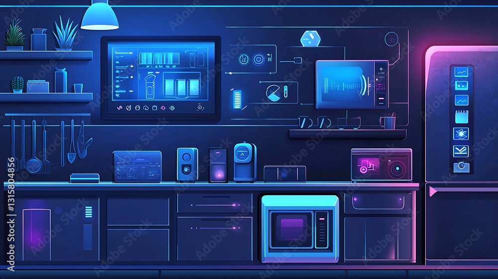 Modern Kitchen Interior with Futuristic Technology and Vibrant Neon Accents Modern Kitchen Interior with Futuristic Technology and Vibrant Neon Accents