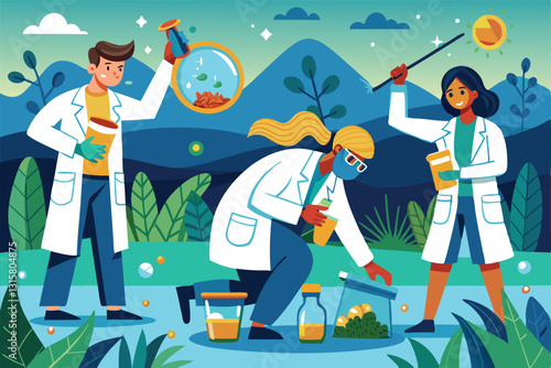 A group of scientists collects samples from the ground and environment in a natural setting, Scientists take samples,